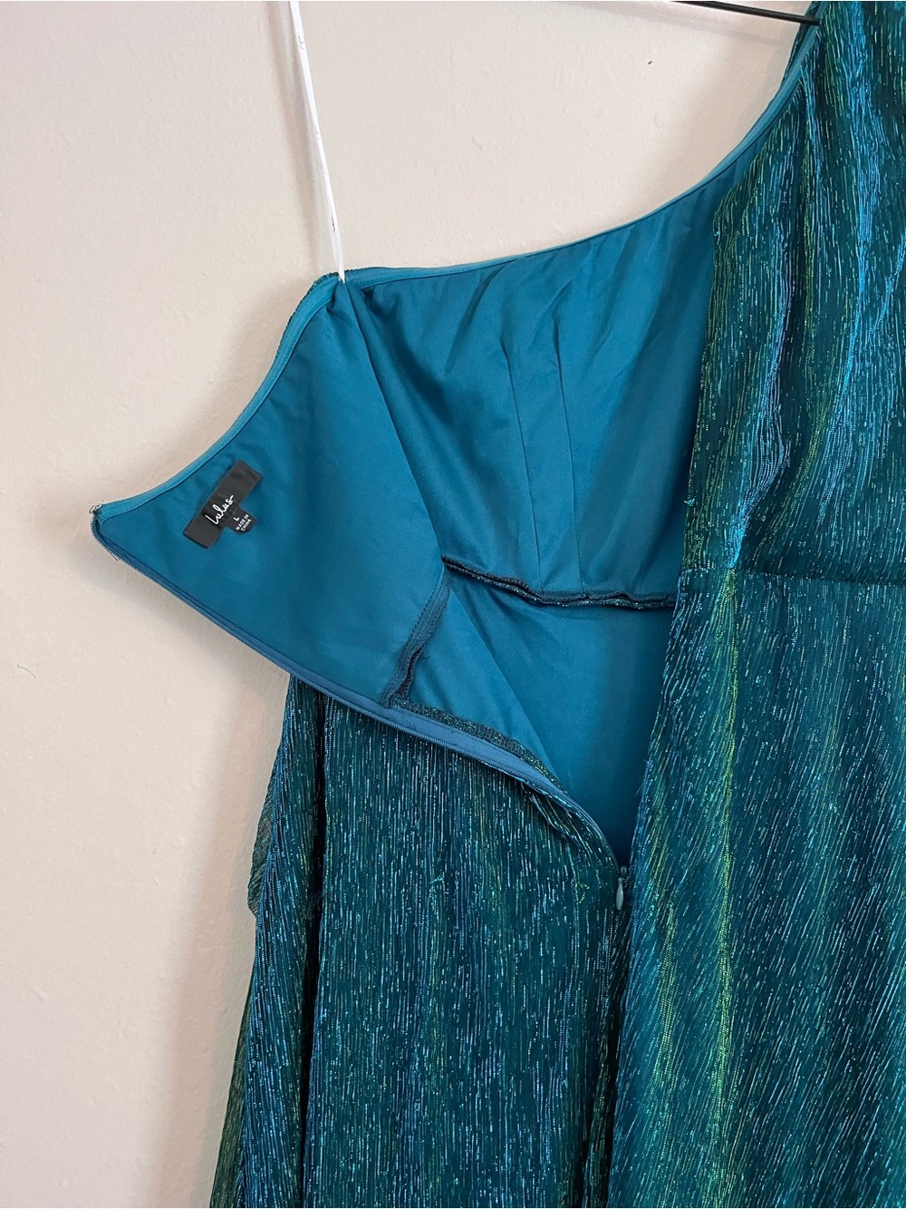 Lulus Glamorous Glitz Shiny Teal Green One-Shoulder Maxi Dress Sz Large Long - Picture 7 of 13